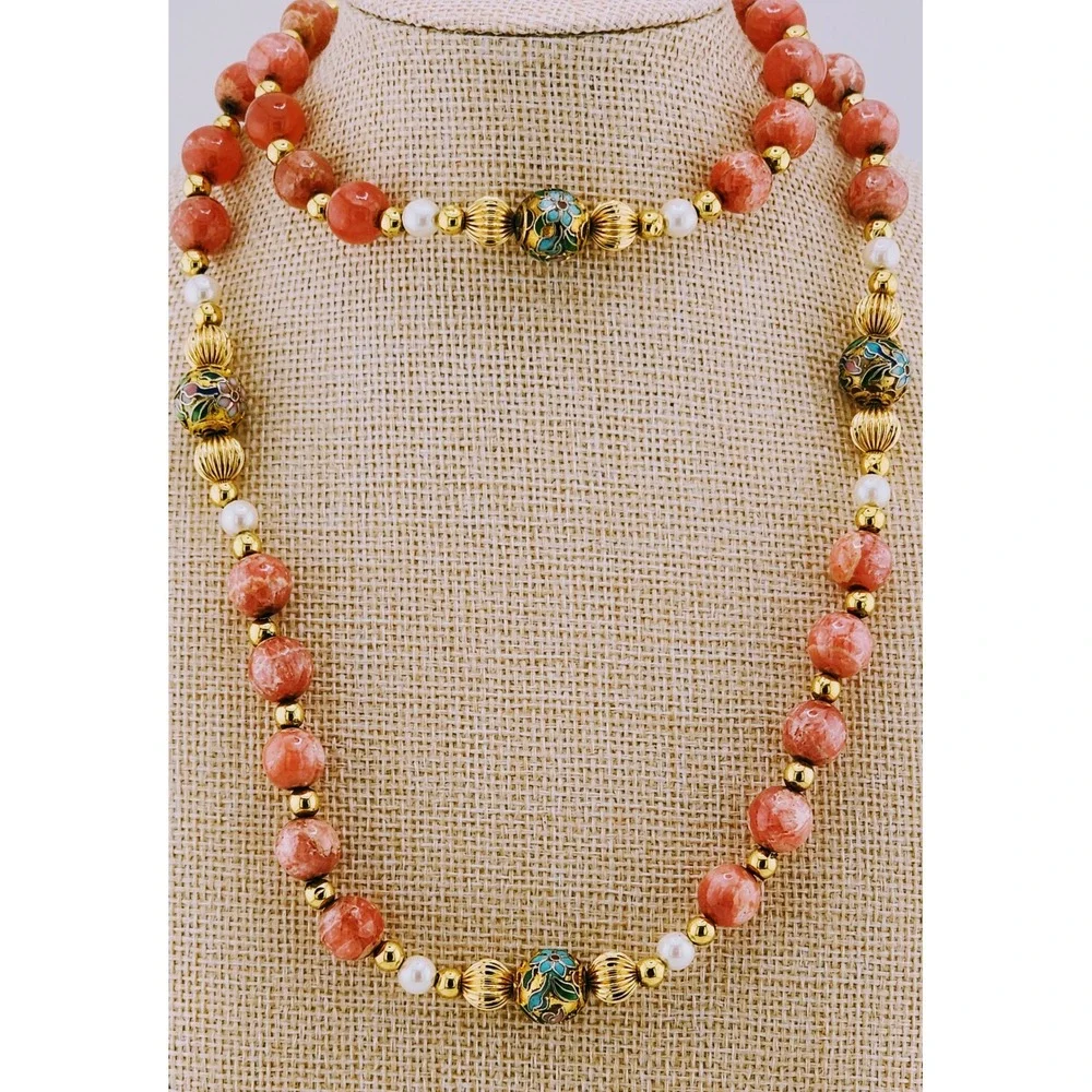 Vintage 14k Gold Rhodochrosite Pearl Cloisonne Bead Necklace Estate 585 Stamped